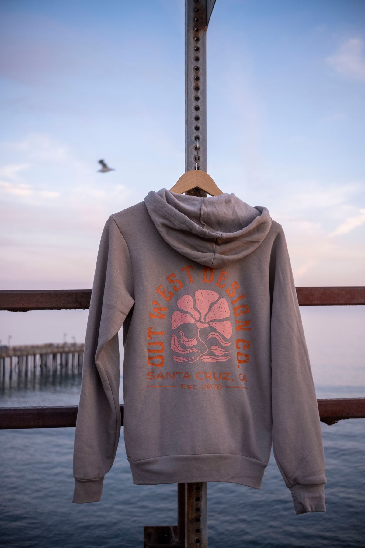 Gray hoodie with a graphic design on a hanger against a scenic background of water and sky.
