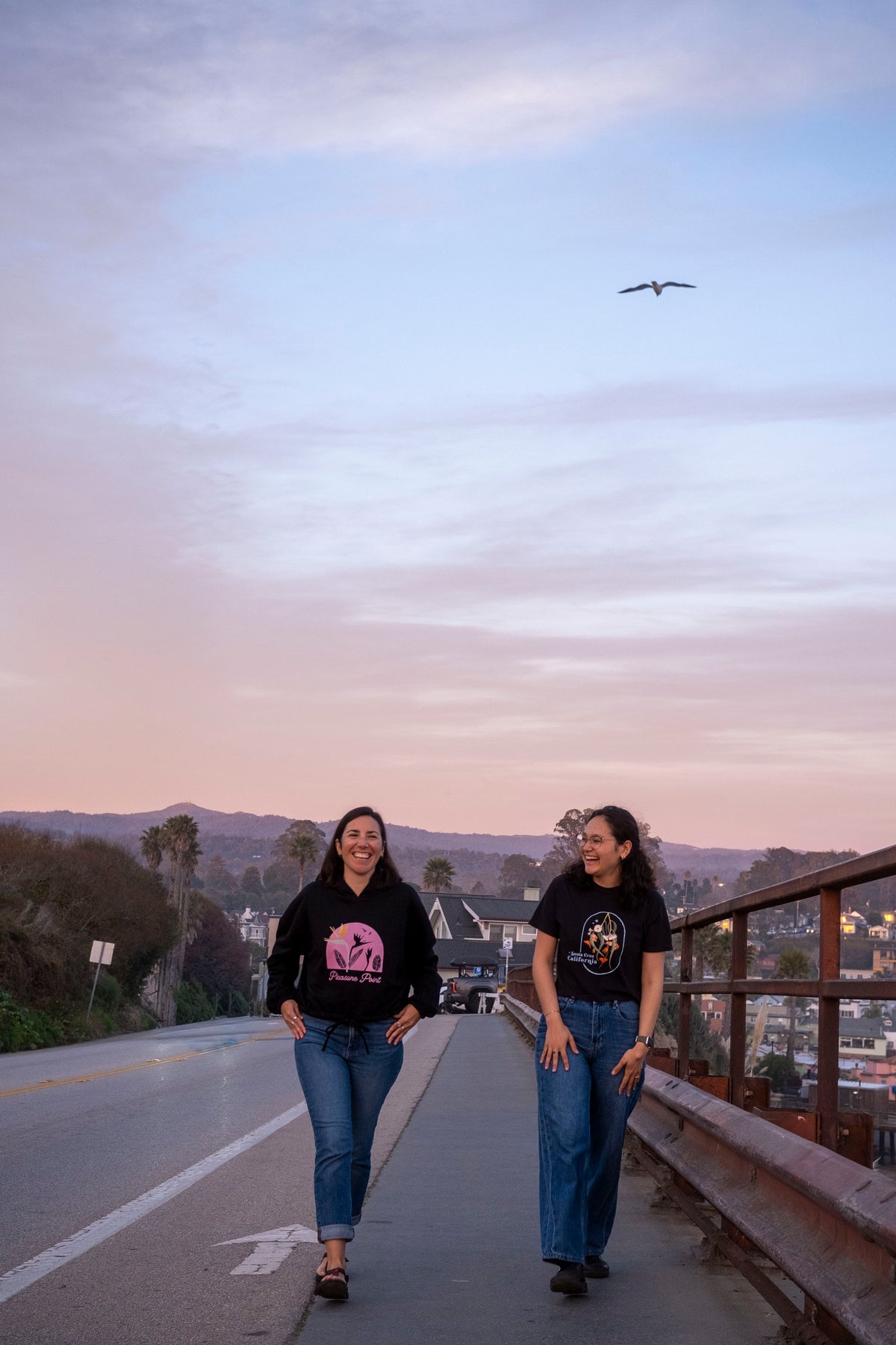 Two people walking on a road with a scenic view and a bird in the sky.
