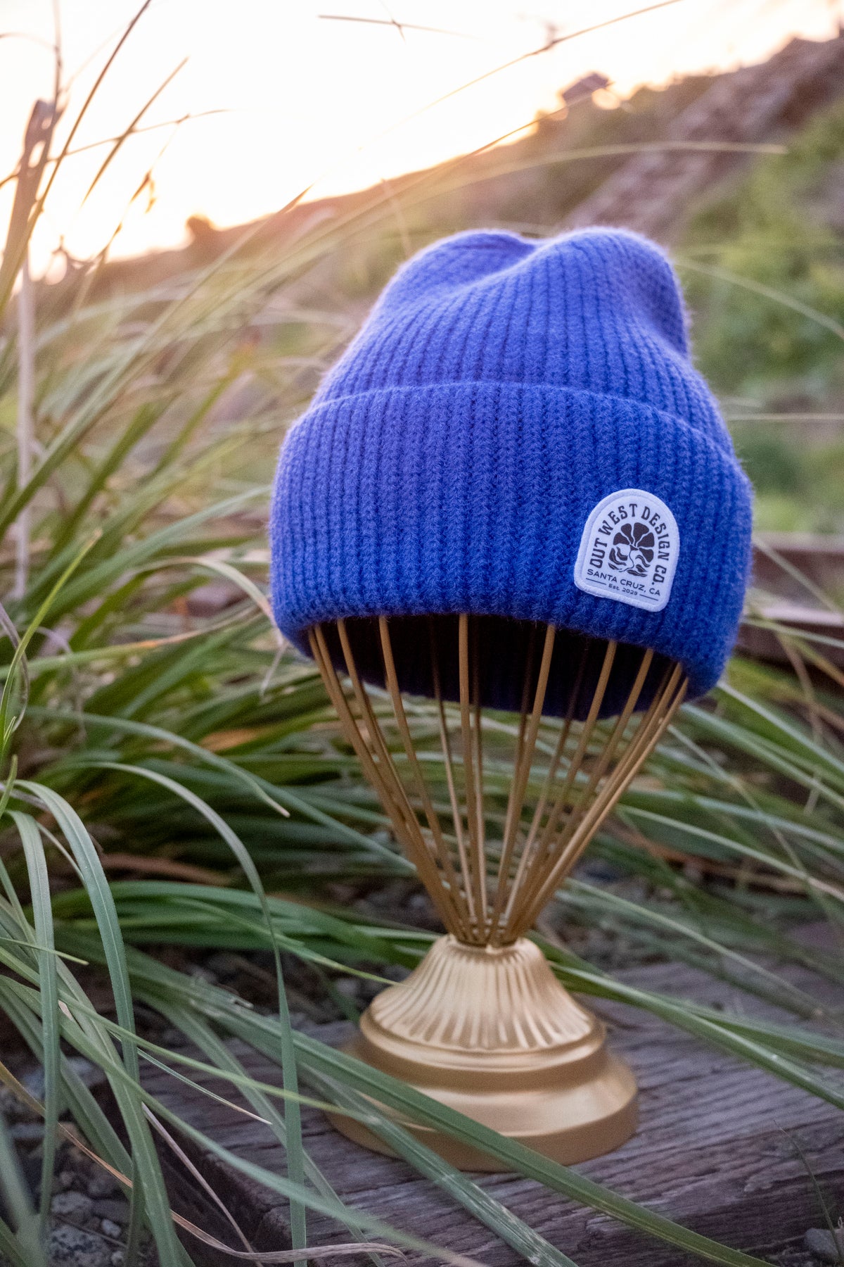 Blue beanie on a wooden stand with grass in the background
