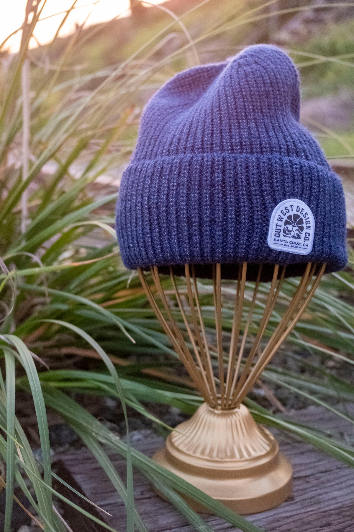 Blue beanie on a gold stand with a plant background