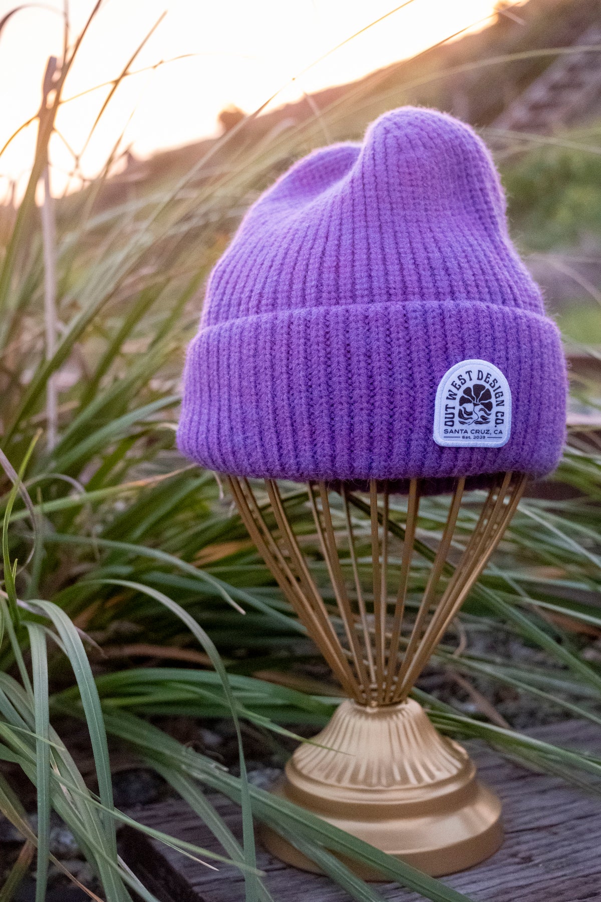 Purple beanie with a logo on a decorative stand against a natural background