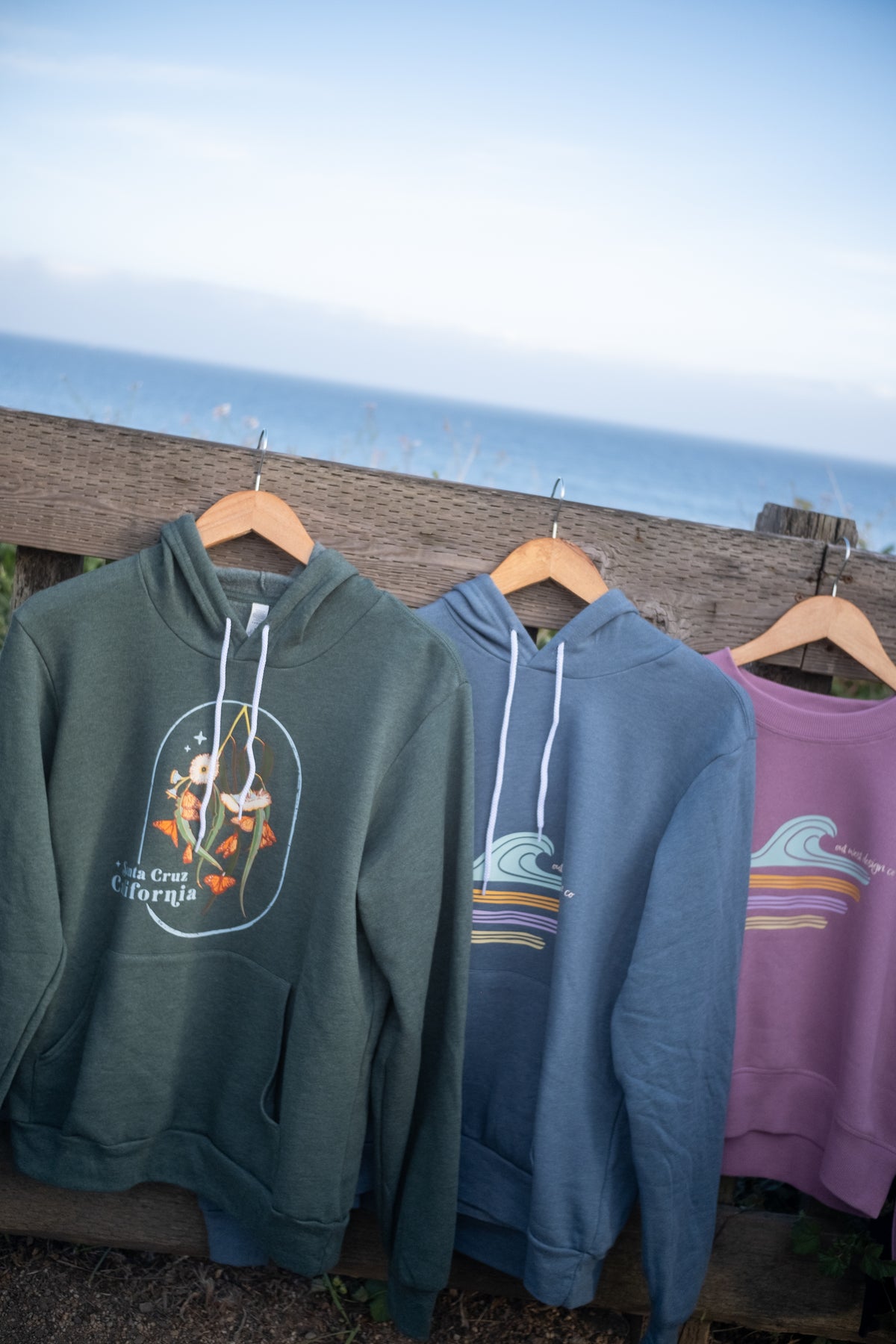 Three graphic hoodies in green, blue, and purple hang on wooden hangers outdoors against a wooden fence with the ocean and sky in the background. Each hoodie features a colorful wave or floral graphic on the chest.