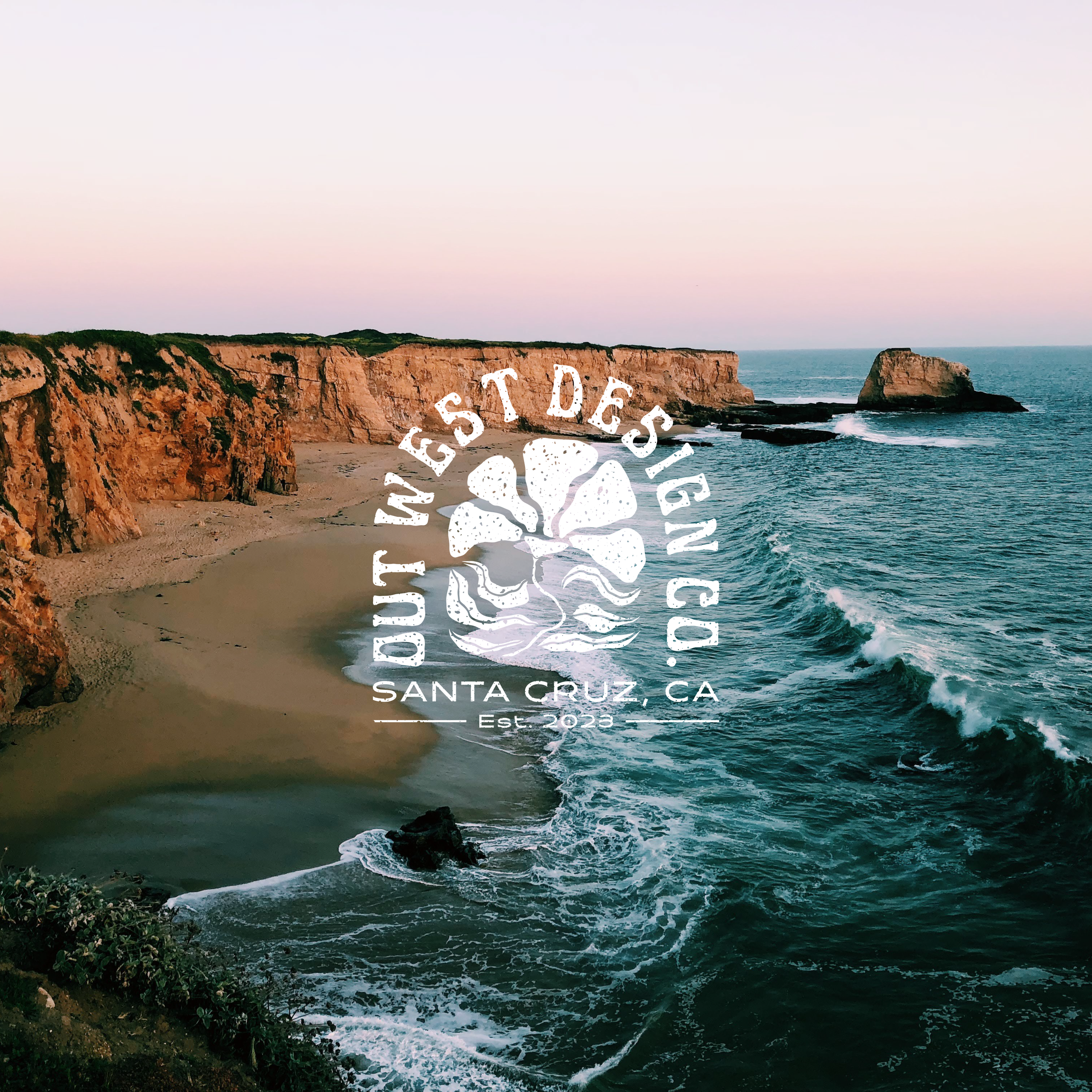 The Out West Design Co logo set on the gorgeous California coastline.