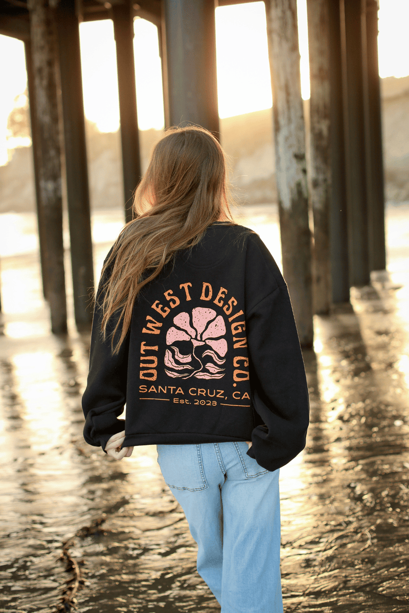Person wearing a black sweatshirt with a design on the back, standing on a beach at sunset.