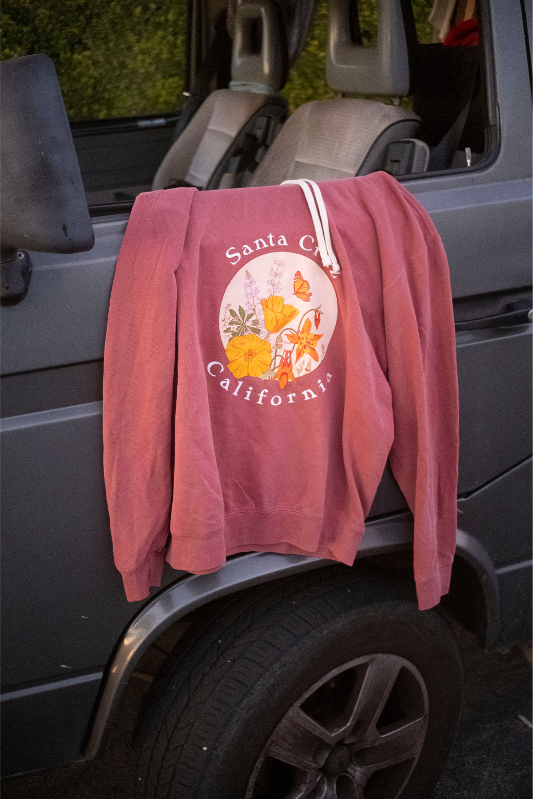 Pink hoodie with a graphic design hanging on a car door